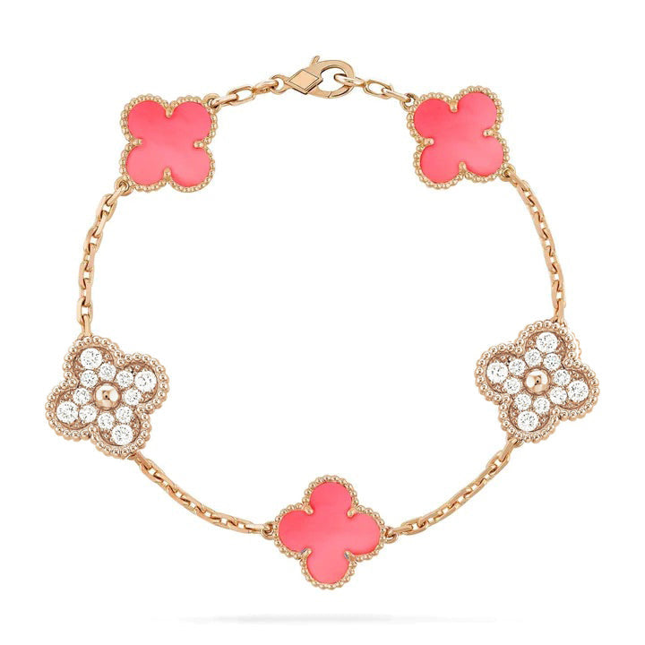 [Pearl Jewelrys]CLOVER 5 MOTIF DIAMOND PINK MOP PINK GOLD BRACELET