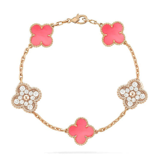 [Pearl Jewelrys]CLOVER 5 MOTIF DIAMOND PINK MOP PINK GOLD BRACELET