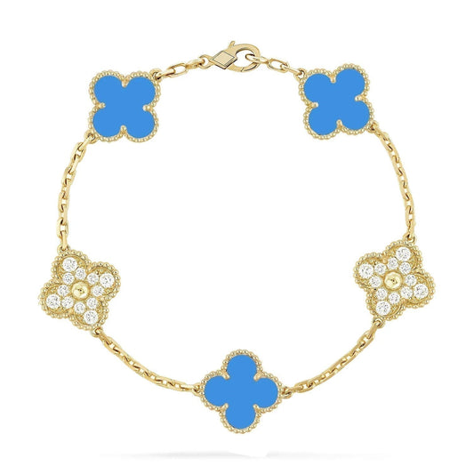 [Pearl Jewelrys]CLOVER 5 MOTIF BLUE CHALCEDONY DIAMOND GOLD BRACELET