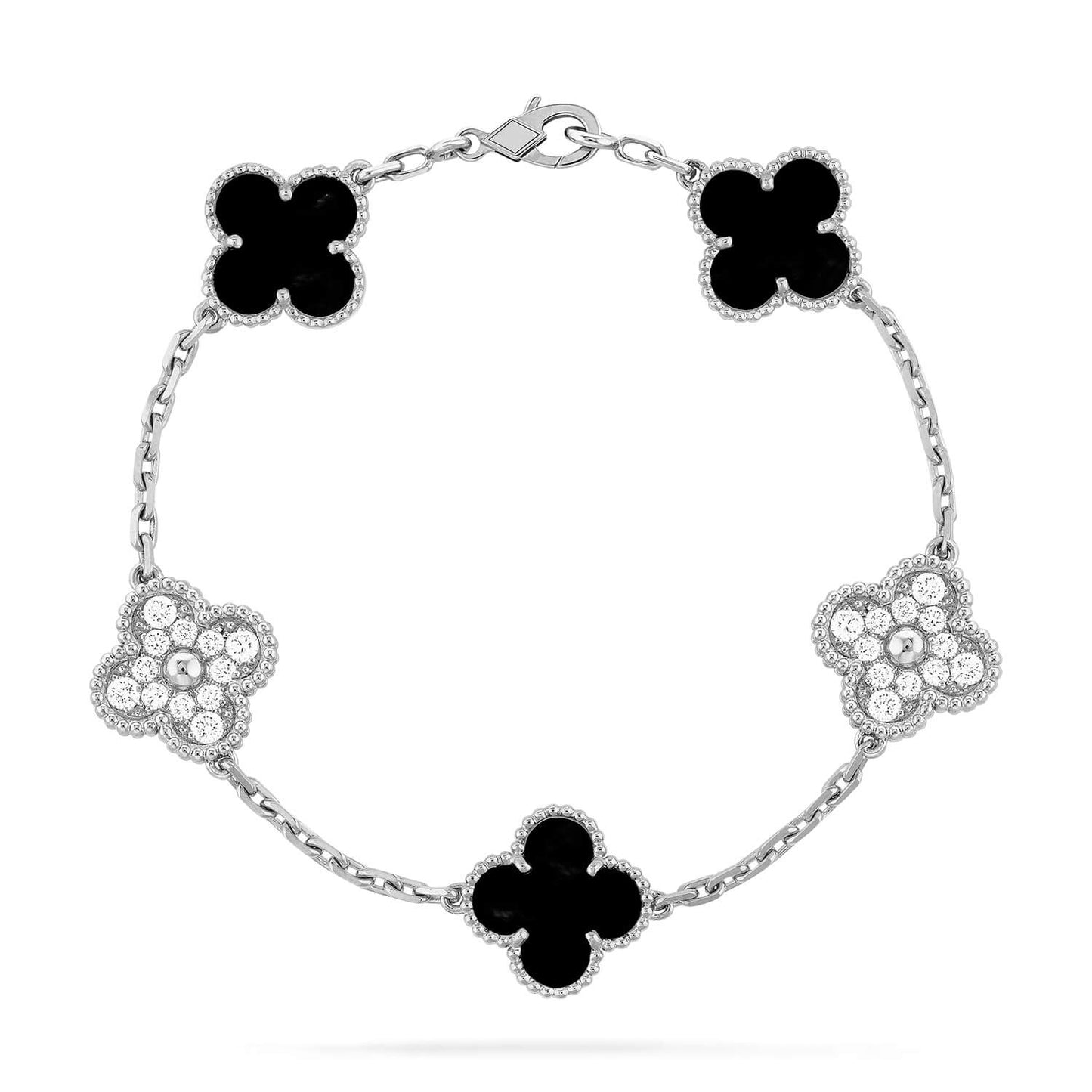 [Pearl Jewelrys]CLOVER 5 MOTIF ONYXS DIAMOND BRACELET SILVER
