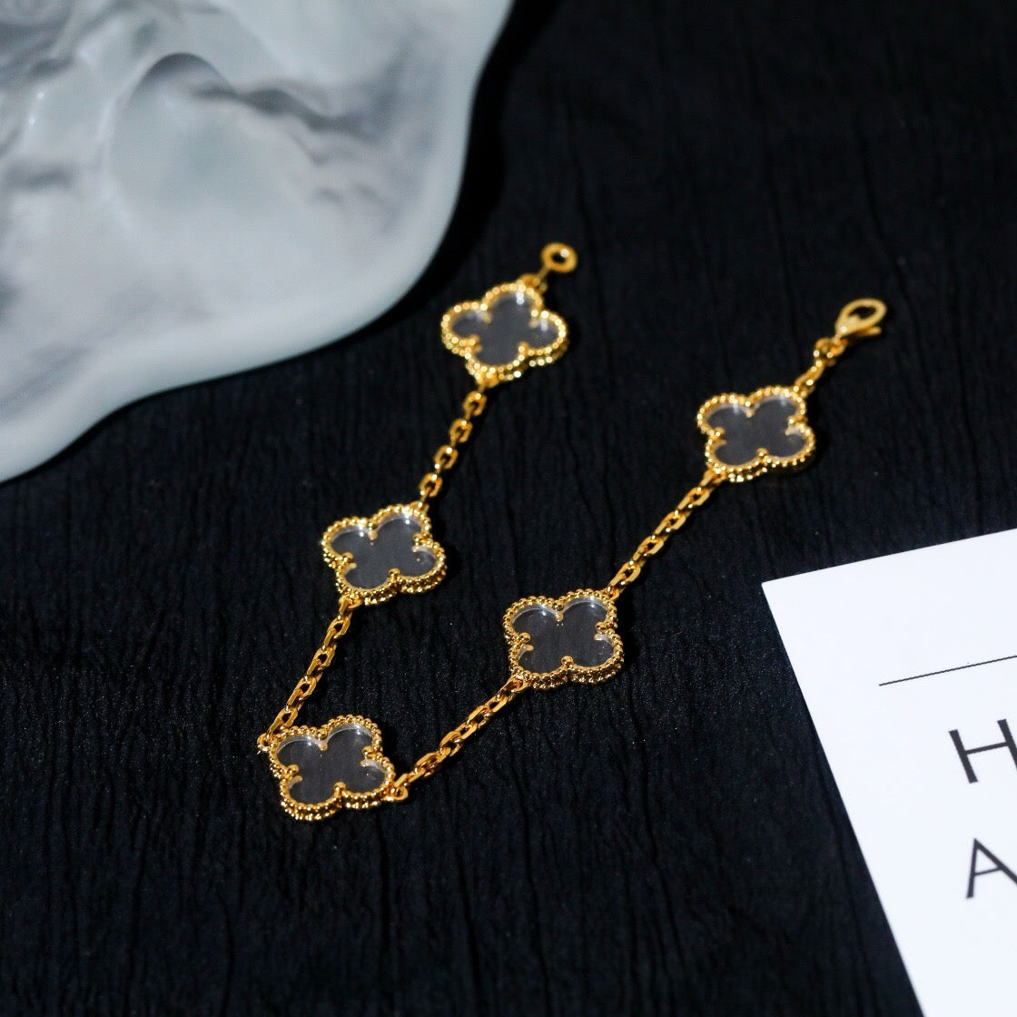 [Pearl Jewelrys]CLOVER 5 MOTIF ROCK CRYSTAL PINK GOLD BRACELET