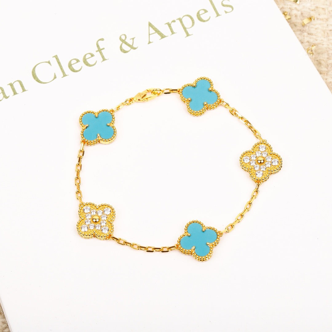 [Pearl Jewelrys]CLOVER 5 MOTIF TURQUOISE DIAMOND GOLD BRACELET