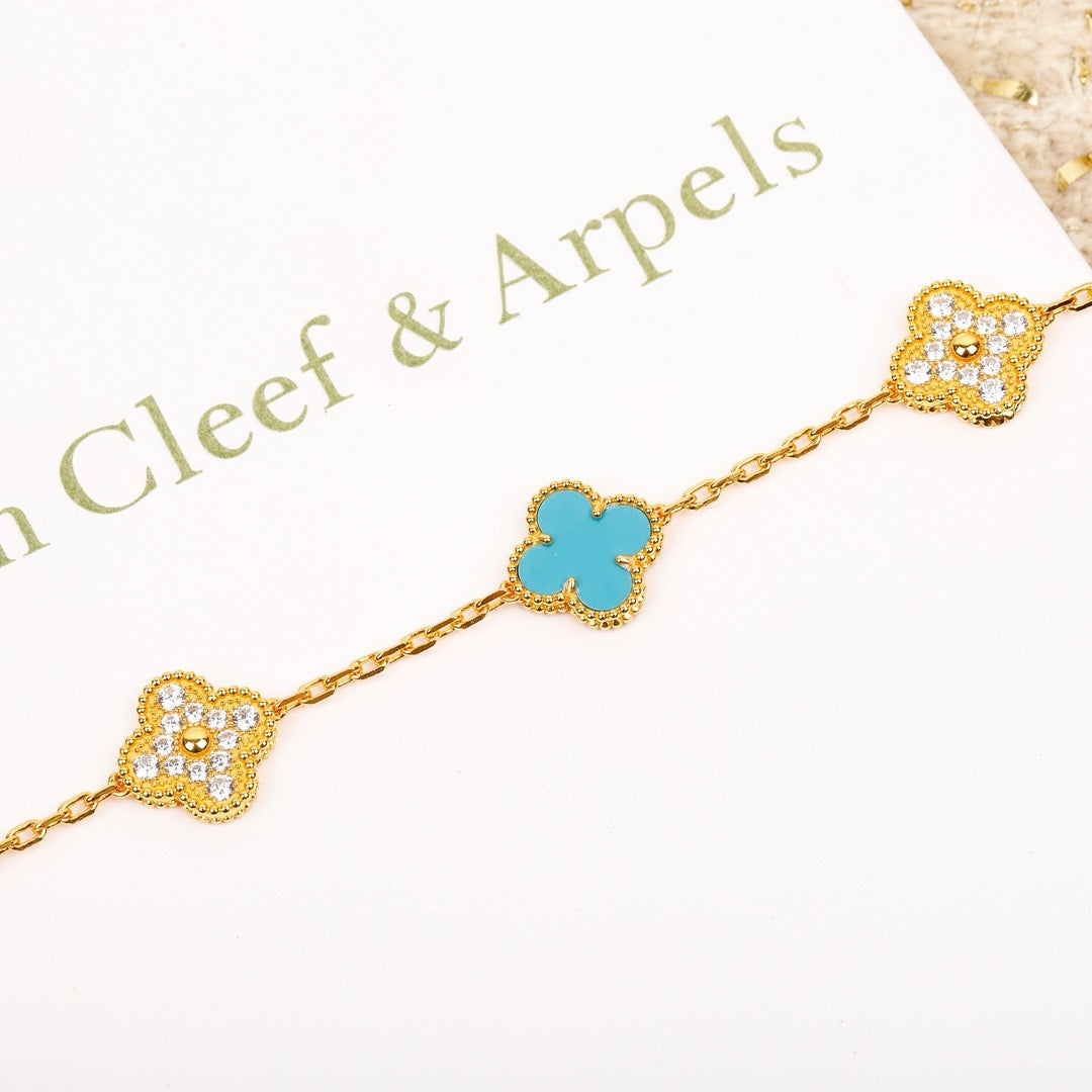 [Pearl Jewelrys]CLOVER 5 MOTIF TURQUOISE DIAMOND GOLD BRACELET