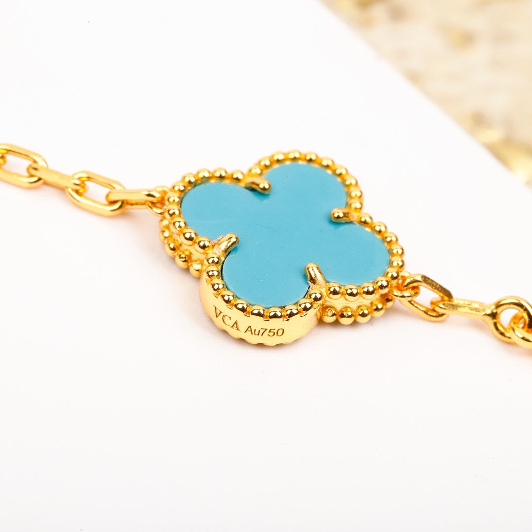 [Pearl Jewelrys]CLOVER 5 MOTIF TURQUOISE DIAMOND GOLD BRACELET