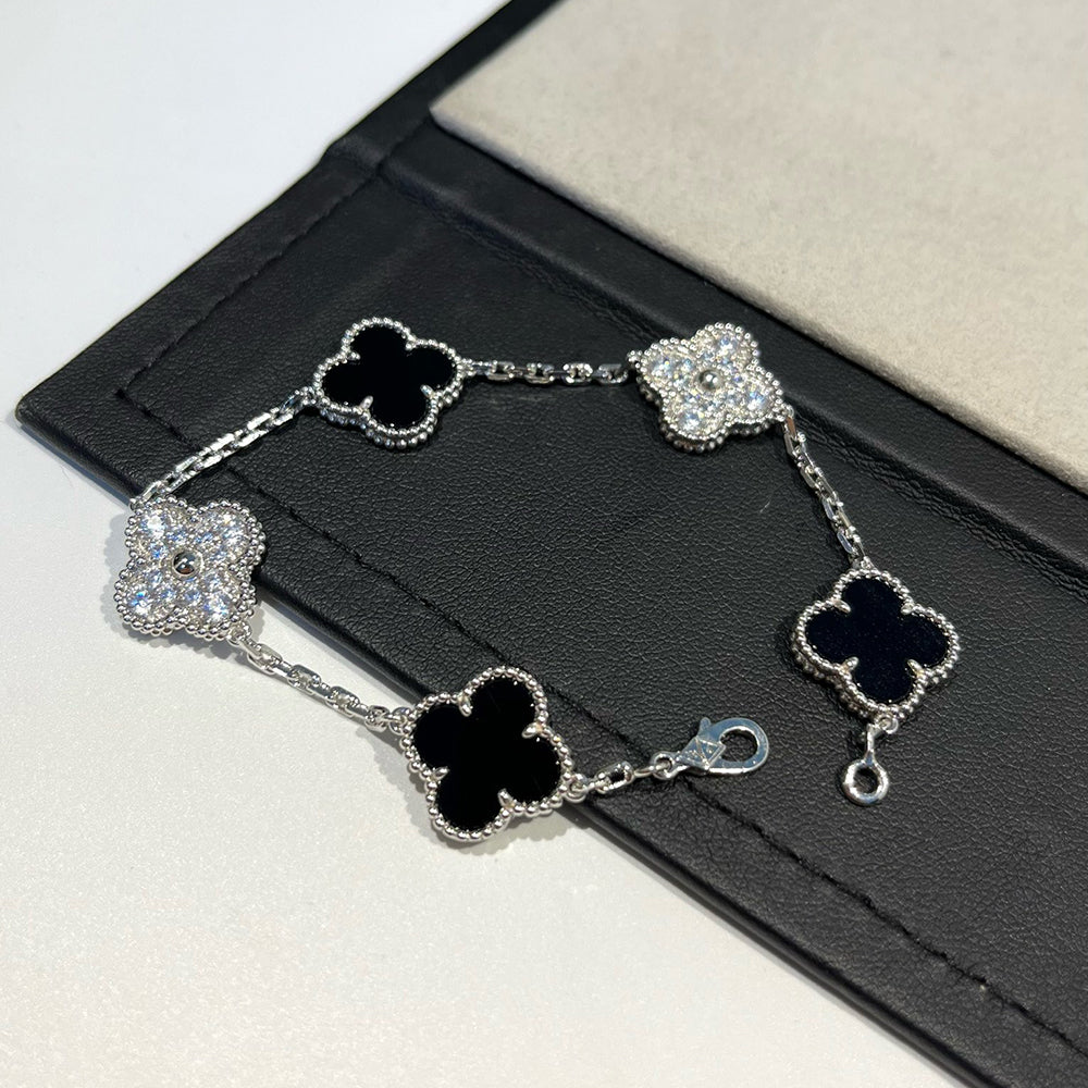 [Pearl Jewelrys]CLOVER 5 MOTIF ONYXS DIAMOND BRACELET SILVER