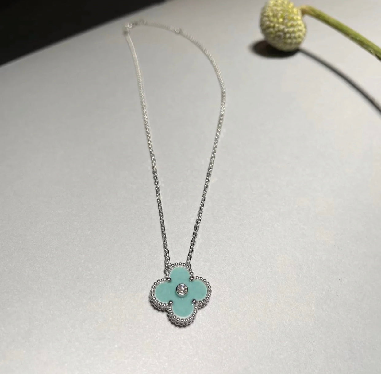 [Pearl Jewelrys]CLOVER 1 DIAMOND LIGHT BLUE SILVER NECKLACE