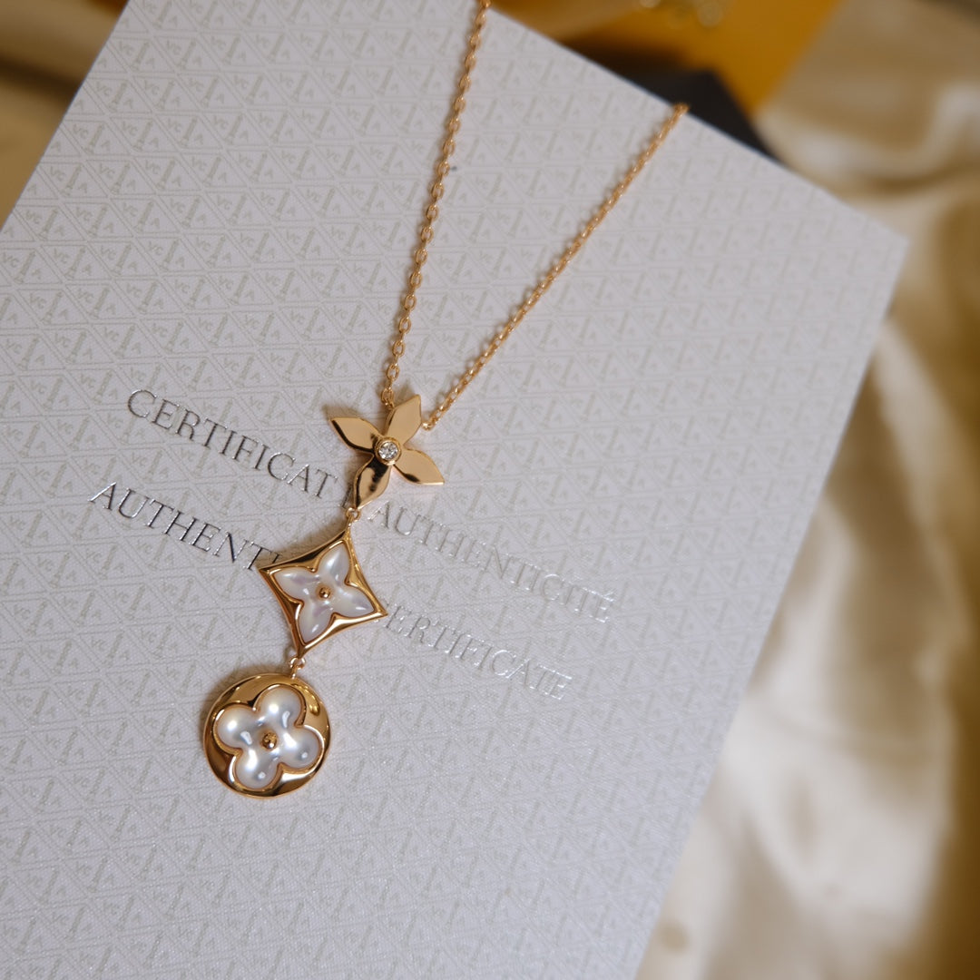 [Pearl Jewelrys]COLOR BLOSSOM LARIAT NECKLACE PINK GOLD WHITE MOTHER PEARL AND DIAMOND