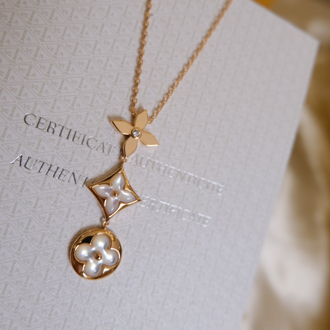 [Pearl Jewelrys]COLOR BLOSSOM LARIAT NECKLACE PINK GOLD WHITE MOTHER PEARL AND DIAMOND