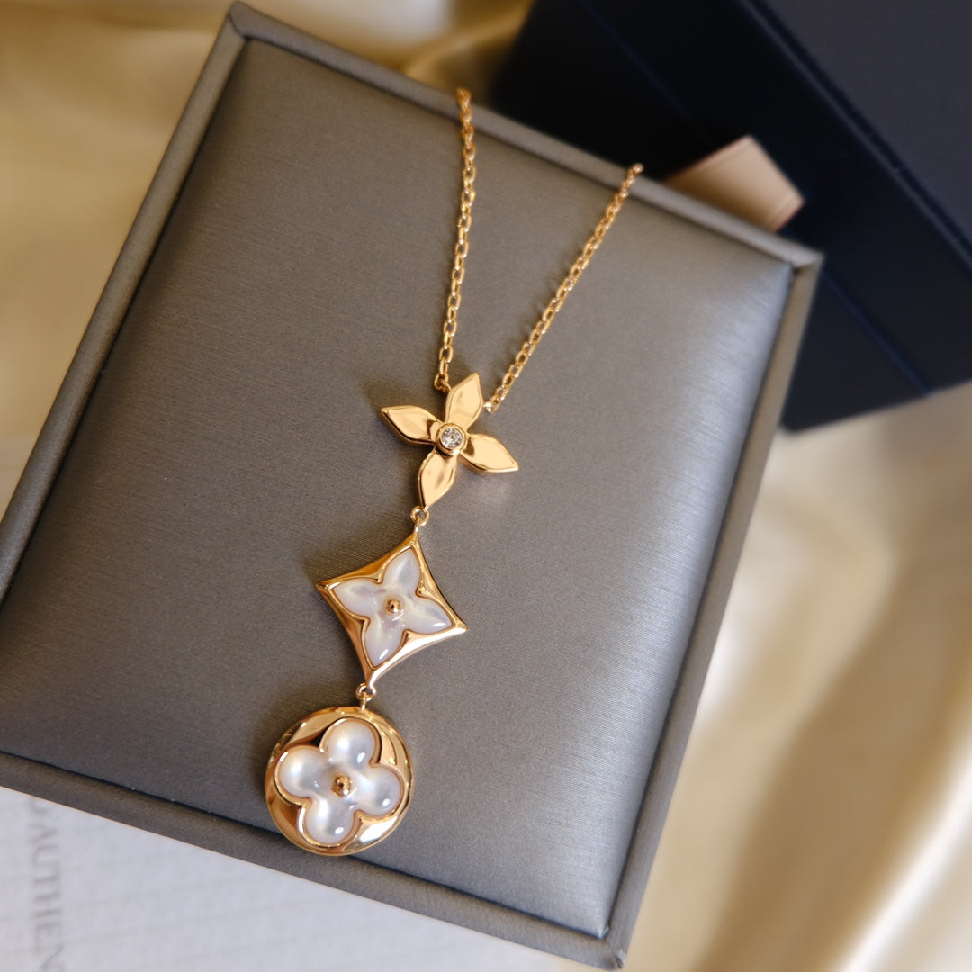 [Pearl Jewelrys]COLOR BLOSSOM LARIAT NECKLACE PINK GOLD WHITE MOTHER PEARL AND DIAMOND