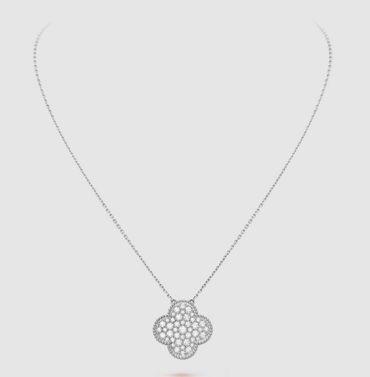 [Pearl Jewelrys]CLOVER 25MM LARGE PENDANT DIAMOND PAVED SILVER NECKLACE