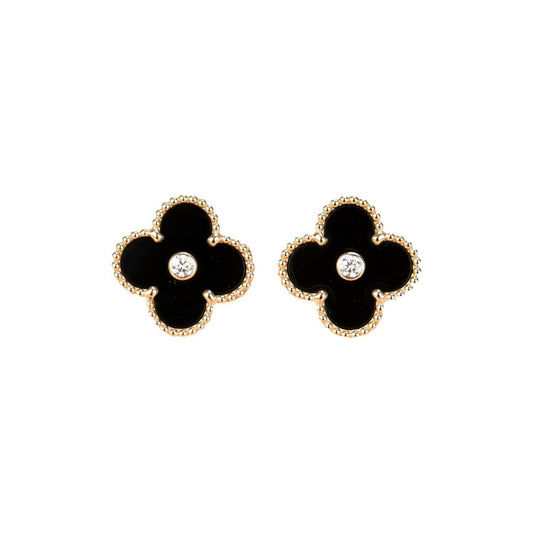 [Pearl Jewelrys]CLOVER MEDIUM 1 MOTIFS ONYX DIAMOND EARRINGS