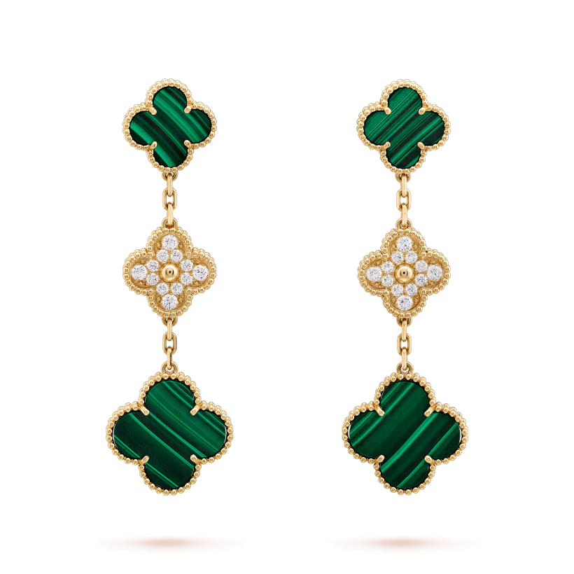 [Pearl Jewelrys]CLOVER EARRINGS GOLD MALACHITE DIAMOND 3 MOTIF