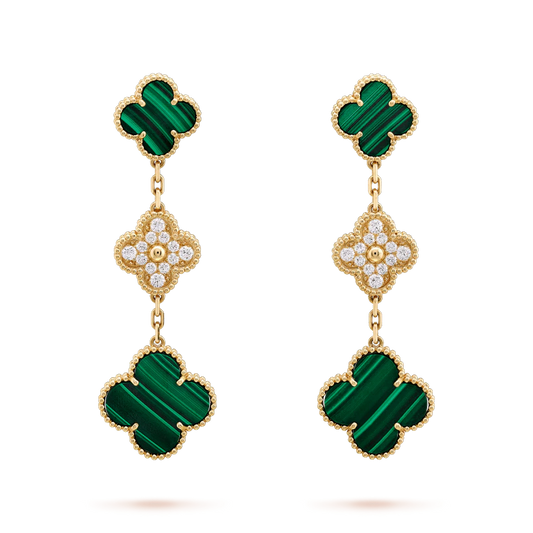 [Pearl Jewelrys]CLOVER EARRINGS GOLD MALACHITE DIAMOND 3 MOTIF