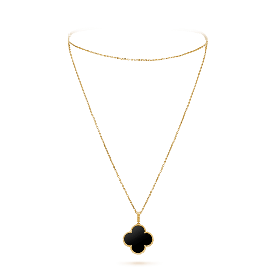 [Pearl Jewelrys]CLOVER 25MM GOLD ONYX BIG CLOVER NECKLACE