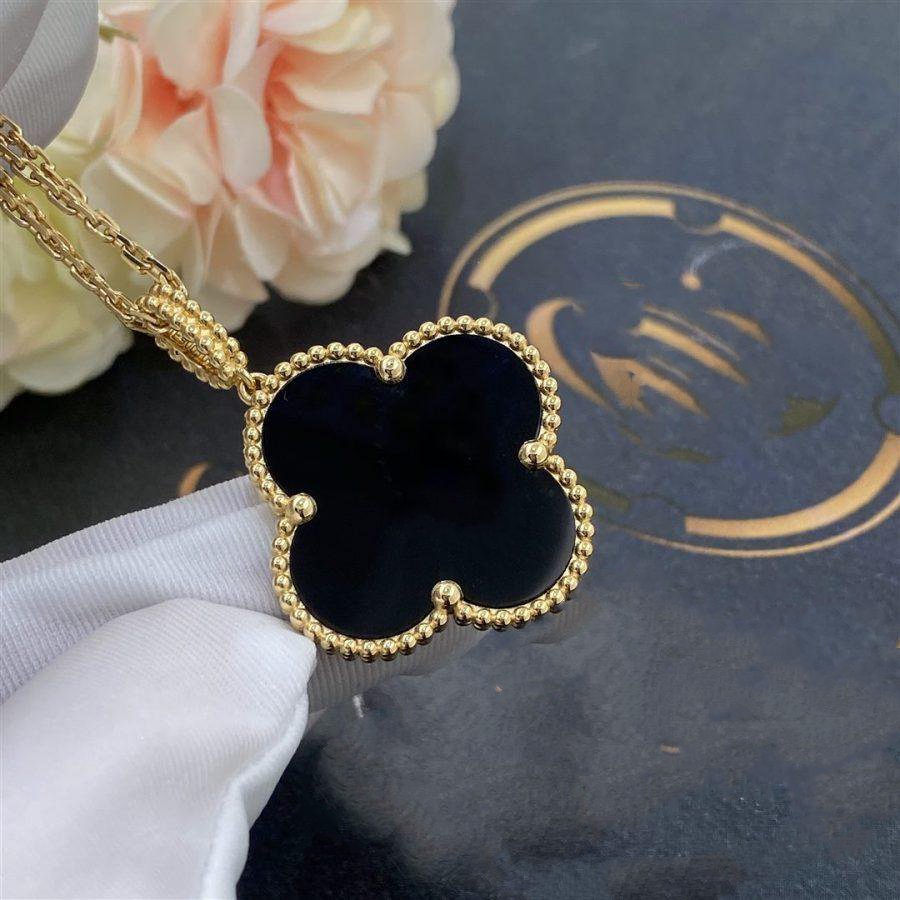 [Pearl Jewelrys]CLOVER 25MM GOLD ONYX BIG CLOVER NECKLACE