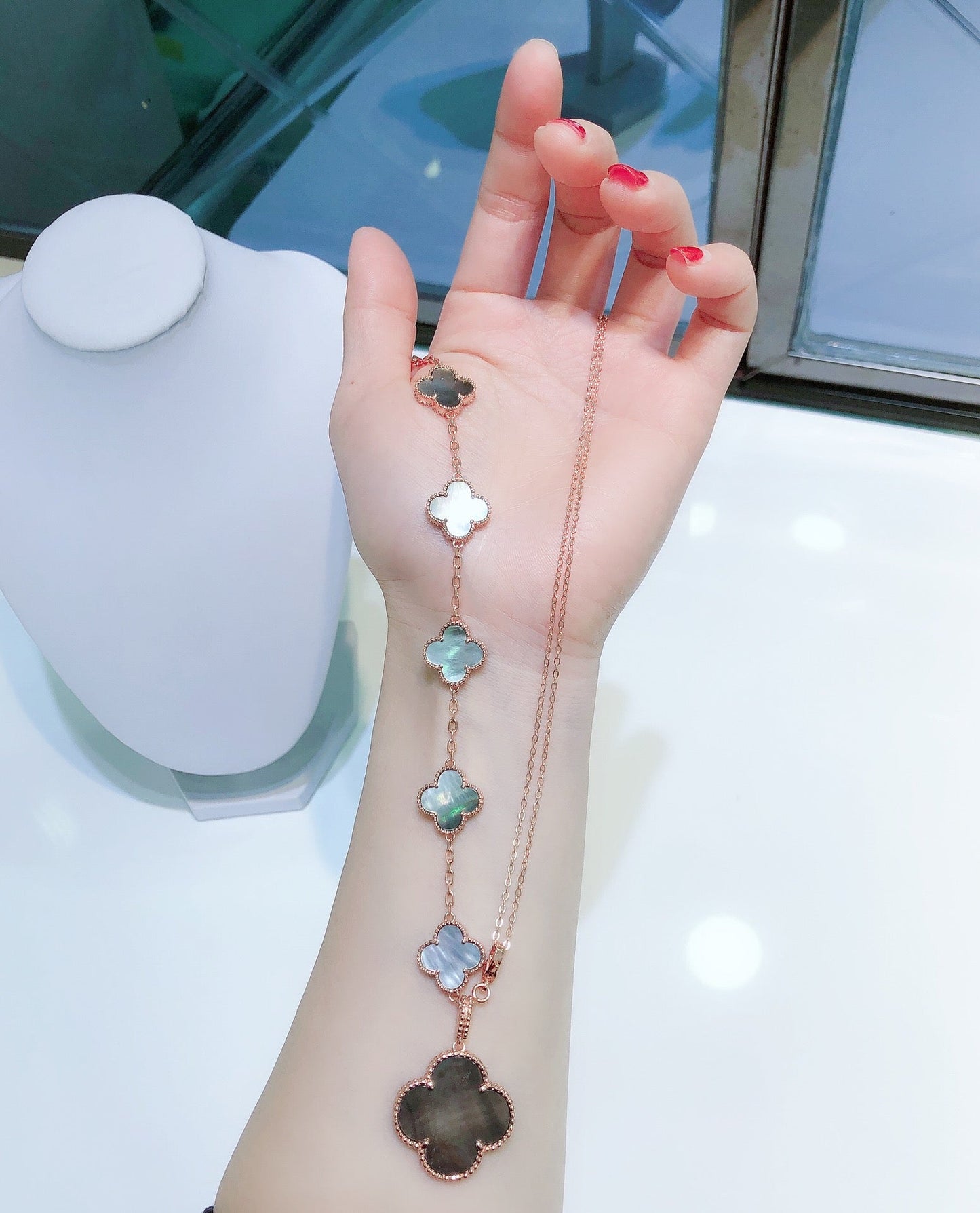 [Pearl Jewelrys]COMBINED BRACELET 5 MOTIFS AND NECKLACE DARK MOP ROSE GOLD