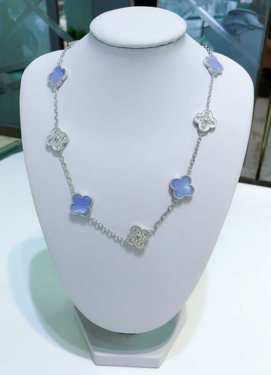 [Pearl Jewelrys]CLOVERS THE 10-MOTIFS CHALCEDONY DIAMONDS SILVER NECKLACE