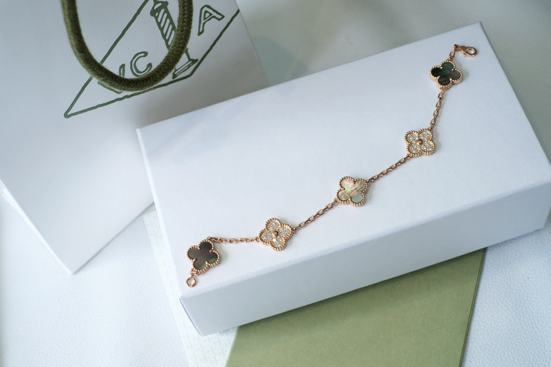 [Pearl Jewelrys]CLOVER 5 MOTIFS DARK MOP AND DIAMONDS PINK GOLD BRACELET