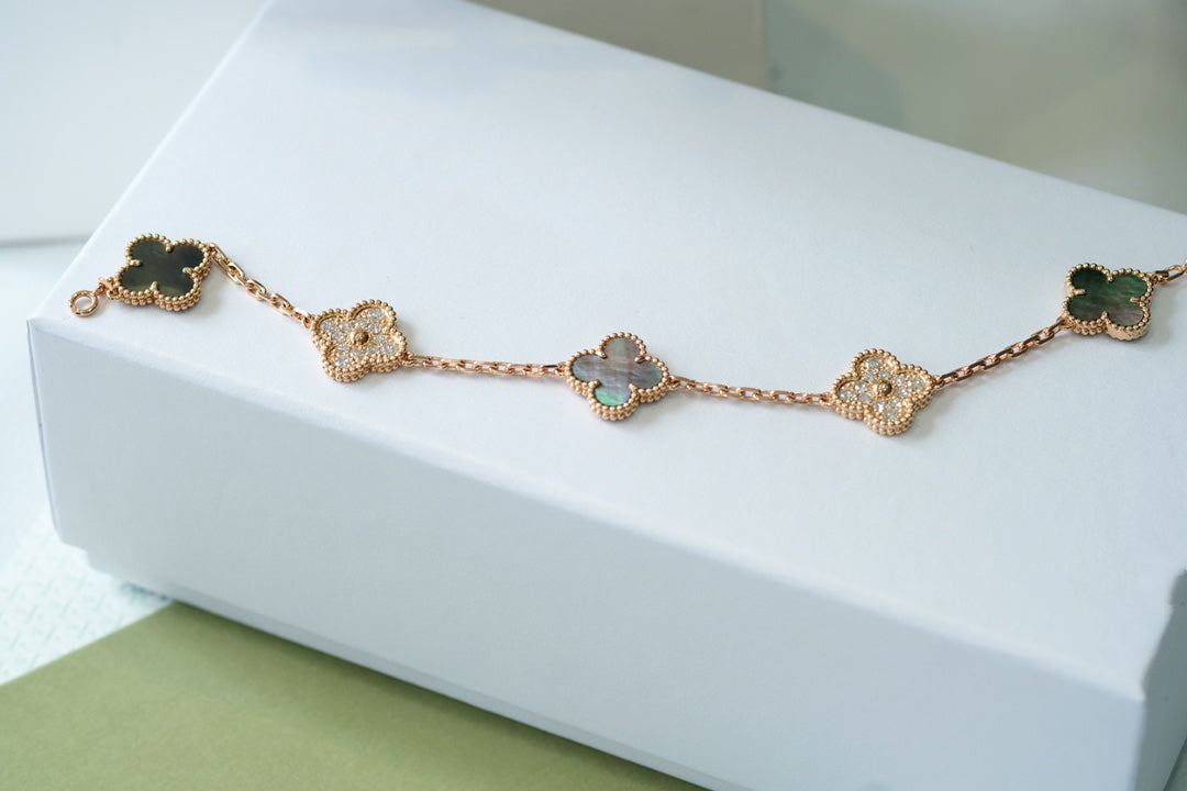 [Pearl Jewelrys]CLOVER 5 MOTIFS DARK MOP AND DIAMONDS PINK GOLD BRACELET