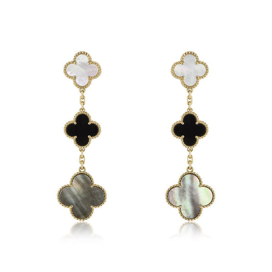 [Pearl Jewelrys]CLOVER EARRINGS GOLD ONYX MOP 3 MOTIF